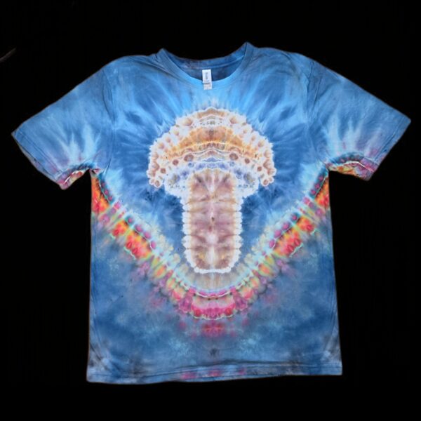 Large mushroom and rainbow tie dye t-shirt, unisex L